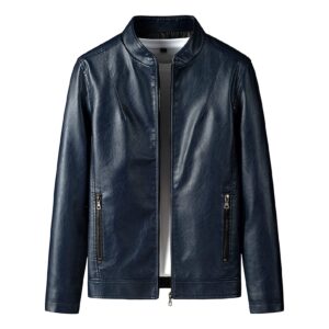 maiyifu-gj mens full zip biker jacket winter warm faux leather motorcycle jackets lightweight casual pu bomber coat (blue,medium)