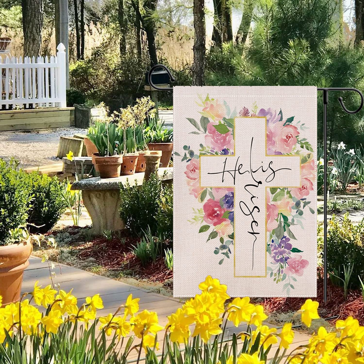 Easter He is Risen Garden Flag for Outside 12x18 Double Sided - Religious Yard Decor Christian Farmhouse Holiday Decorations Spring Floral Garden Flag