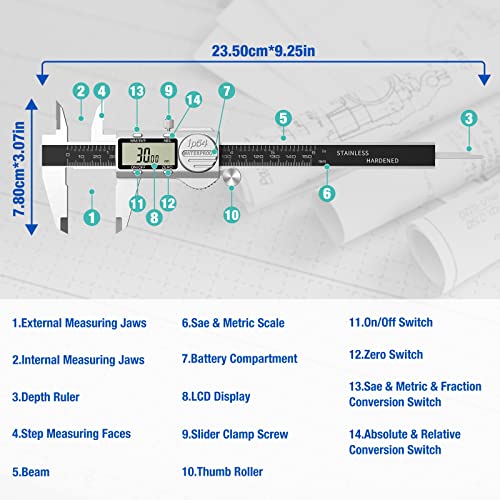 Raynesys Digital Caliper with Absolute Value Function 0-6" Inch/MM/Fraction Conversion, Stainless Steel Electronic Diameter Measuring Tool with Large LCD Screen, IP54 Waterproof Protection, Auto-Off