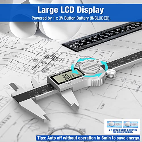 Raynesys Digital Caliper with Absolute Value Function 0-6" Inch/MM/Fraction Conversion, Stainless Steel Electronic Diameter Measuring Tool with Large LCD Screen, IP54 Waterproof Protection, Auto-Off