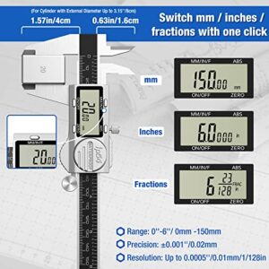 Raynesys Digital Caliper with Absolute Value Function 0-6" Inch/MM/Fraction Conversion, Stainless Steel Electronic Diameter Measuring Tool with Large LCD Screen, IP54 Waterproof Protection, Auto-Off