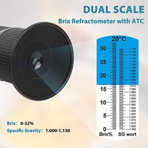 Brix Refractometer with ATC, Dual Scale - Specific Gravity & Brix, Hydrometer in Wine Making and Beer Brewing, Homebrew Kit