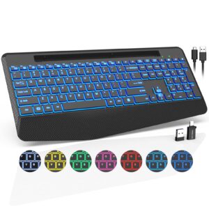 wireless keyboard with 7 colored backlits, wrist rest, phone holder, rechargeable ergonomic computer keyboard with silent keys, full size lighted keyboard for windows, mac, pc, laptop (black)