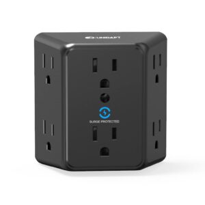multi plug 6 outlet extender, unidapt black surge protector wall splitter, 1800j power strip 3 side wide spaced adapter multiple charger expander, mountable wall tap for office home travel etl listed