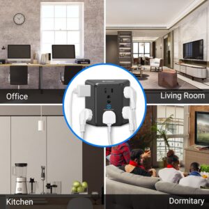 Multi Plug 6 Outlet Extender, Unidapt Black Surge Protector Wall Splitter, 1800J Power Strip 3 Side Wide Spaced Adapter Multiple Charger Expander, Mountable Wall Tap for Office Home Travel ETL Listed