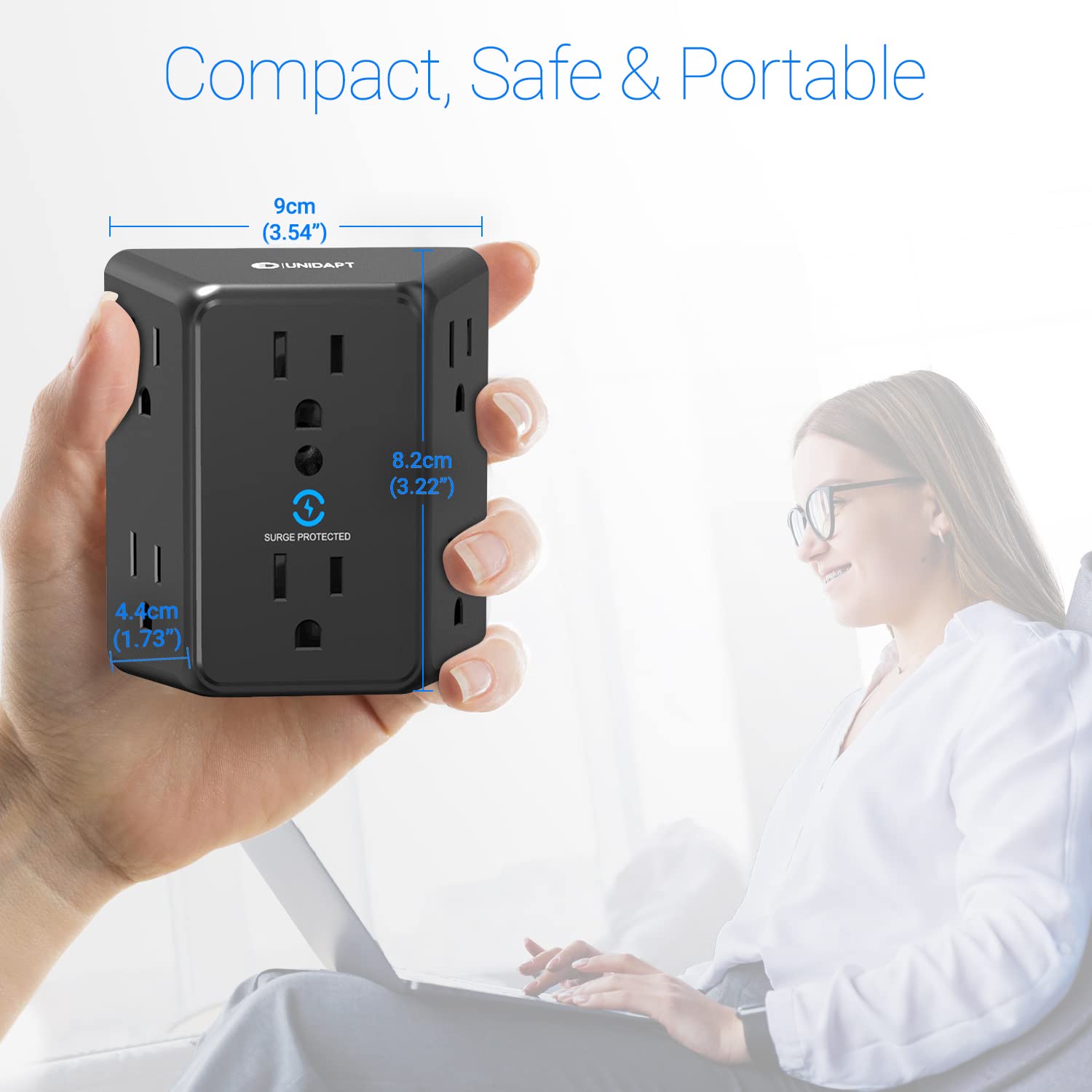 Multi Plug 6 Outlet Extender, Unidapt Black Surge Protector Wall Splitter, 1800J Power Strip 3 Side Wide Spaced Adapter Multiple Charger Expander, Mountable Wall Tap for Office Home Travel ETL Listed