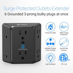 Multi Plug 6 Outlet Extender, Unidapt Black Surge Protector Wall Splitter, 1800J Power Strip 3 Side Wide Spaced Adapter Multiple Charger Expander, Mountable Wall Tap for Office Home Travel ETL Listed