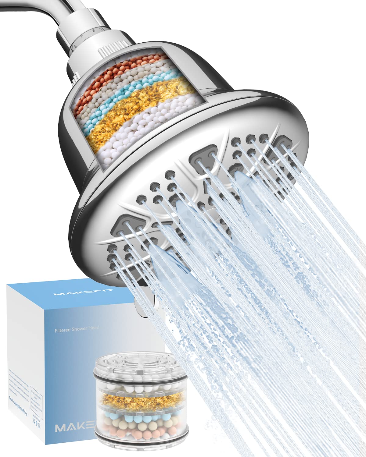 MakeFit Filtered Shower Head - High Pressure Shower Head with Filter for Hard Water Softener - 7 Settings Bathroom Rain Showerhead to Remove Chlorine and Heavy Metals (Chrome)