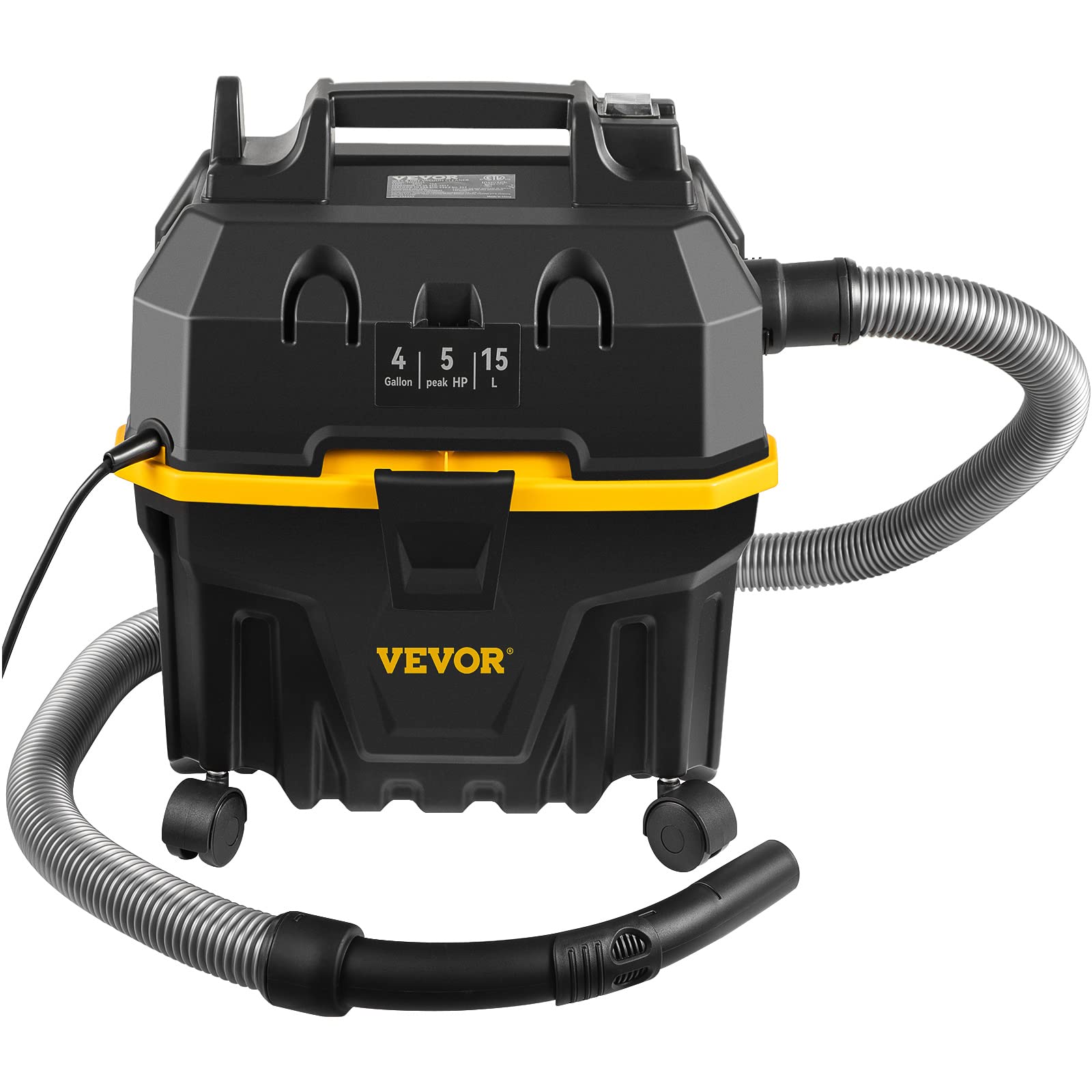 VEVOR Wet Dry Vac, 4 Gallon, 5 Peak HP, 3 in 1 Shop Vacuum with Blowing Function Portable Attachments to Clean Floor, Upholstery, Gap, Car, ETL Listed, Black/Yellow