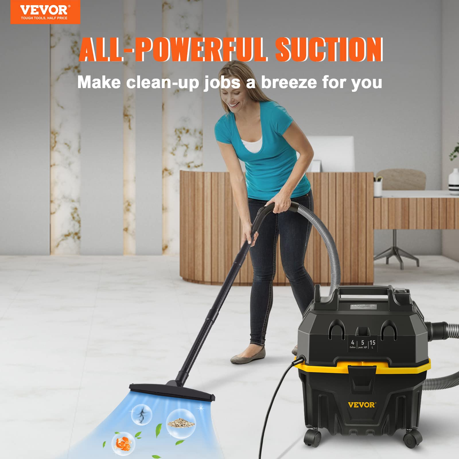 VEVOR Wet Dry Vac, 4 Gallon, 5 Peak HP, 3 in 1 Shop Vacuum with Blowing Function Portable Attachments to Clean Floor, Upholstery, Gap, Car, ETL Listed, Black/Yellow