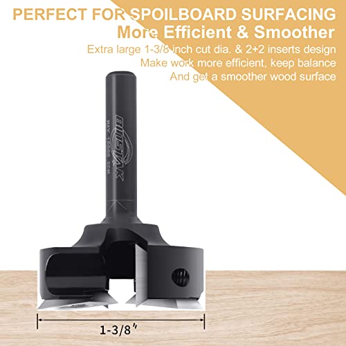 BINSTAK CNC Spoilboard Surfacing Router Bit 1/4" Shank, Slab Flattening Router Bit with 1-3/8" Cutting Diameter, 2+2 Flutes Insert Carbide Wood Planer Router Bits, Planing Bit for Woodworking