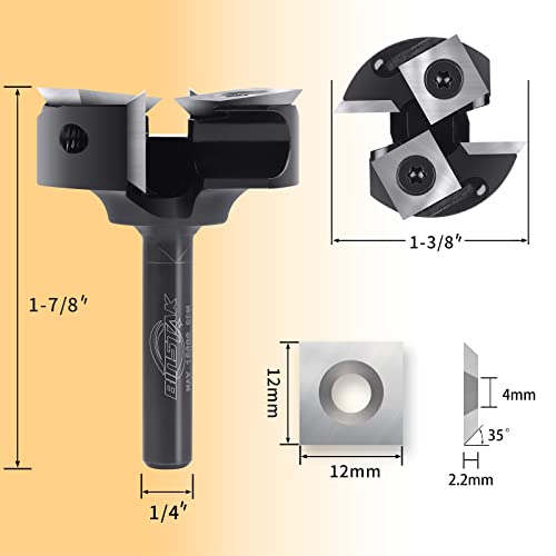 BINSTAK CNC Spoilboard Surfacing Router Bit 1/4" Shank, Slab Flattening Router Bit with 1-3/8" Cutting Diameter, 2+2 Flutes Insert Carbide Wood Planer Router Bits, Planing Bit for Woodworking