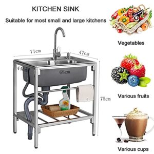 68 * 44cm Free Standing Kitchen Sink, Commercial Stainless Steel Single Sink Bowl Restaurant Table Utility Sink Washing Hand Basin w/ 360°Hot and Cold Faucet for Indoor Outdoor,68 * 44cm