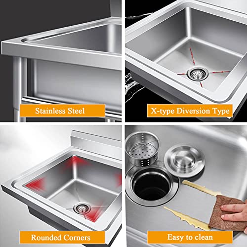 68 * 44cm Free Standing Kitchen Sink, Commercial Stainless Steel Single Sink Bowl Restaurant Table Utility Sink Washing Hand Basin w/ 360°Hot and Cold Faucet for Indoor Outdoor,68 * 44cm