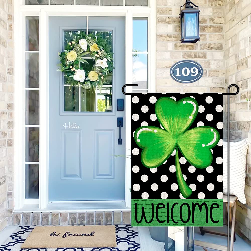 Lucky Shamrock St Patricks Day Garden Flag 12x18 Inch Double Sided Burlap, Welcome Seasonal Sign Small Flag Farmhouse Yard Outdoor Decorations DF189