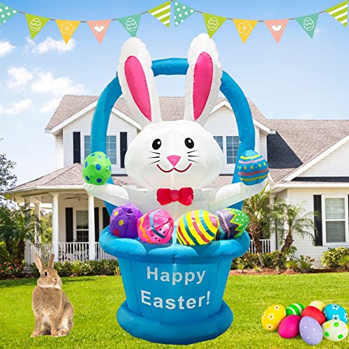 kegemor Inflatable Easter Bunny Blow Up Yard Decorations 6FT Outdoor Rabbit with Egg Basket Cute Giant Tall Built-in LED Lights for Indoor Outside Holiday Party Yard Garden Lawn