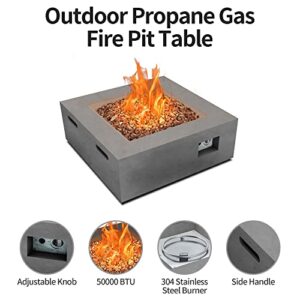 Kante 35 Inch Propane Fire Pit Table, Square Concrete Outdoor Fire Pit, 50,000 BTU for Outside Garden Patio Concrere Gray