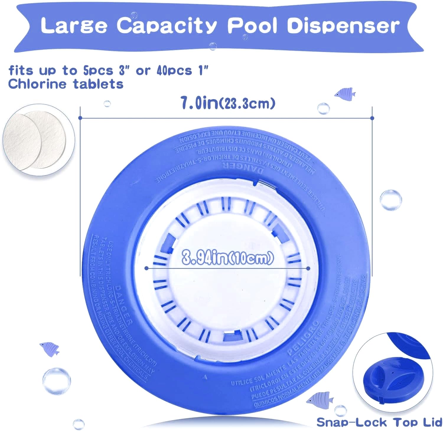 Large Floating Pool Chlorine Dispenser ，Chlorine Holder Floater with Large Capacity Fits 3 inch Tablets, Heavy-Duty Thicker Walls, Release Adjustable for Above Ground Pool, Spa（Blue