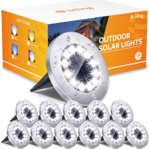 biling solar outdoor lights 12 pack, bright 12 leds solar ground lights waterproof, flat pathway lights solar powered for yard walkway garden driveway (white)