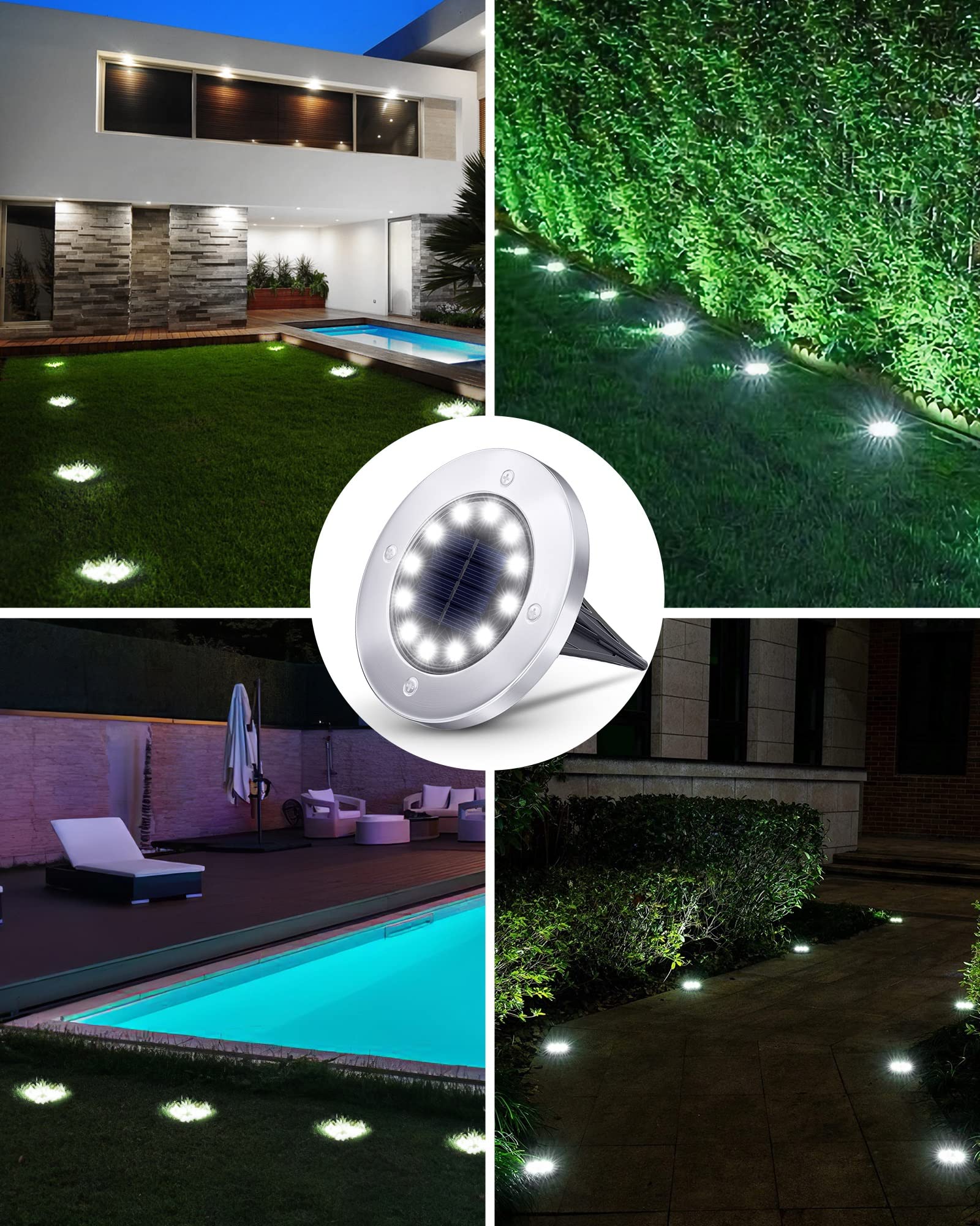 Biling Solar Outdoor Lights 12 Pack, Bright 12 LEDs Solar Ground Lights Waterproof, Flat Pathway Lights Solar Powered for Yard Walkway Garden Driveway (White)