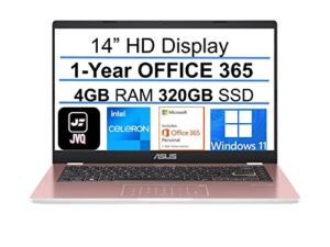 asus newest 14" hd laptop, intel celeron n4020 processor(up to 2.8ghz), 320gb ssd(64gb emmc+ 256gb ssd), 4gb ram, webcam, intel hd graphics, bluetooth, win11 s + 1 year office 365, rose gold, jvq