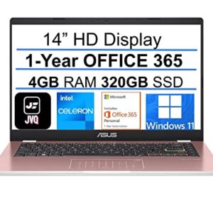 ASUS Newest 14" HD Laptop, Intel Celeron N4020 Processor(up to 2.8GHz), 320GB SSD(64GB eMMC+ 256GB SSD), 4GB RAM, Webcam, Intel HD Graphics, Bluetooth, Win11 S + 1 Year Office 365, Rose Gold, JVQ