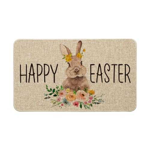 Artoid Mode Cute Rabbit Flowers Happy Easter Welcome Decorative Doormat, Seasonal Spring Low-Profile Rug Switch Mat for Indoor Outdoor 17x29 Inch