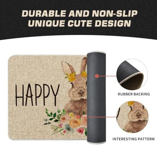 Artoid Mode Cute Rabbit Flowers Happy Easter Welcome Decorative Doormat, Seasonal Spring Low-Profile Rug Switch Mat for Indoor Outdoor 17x29 Inch