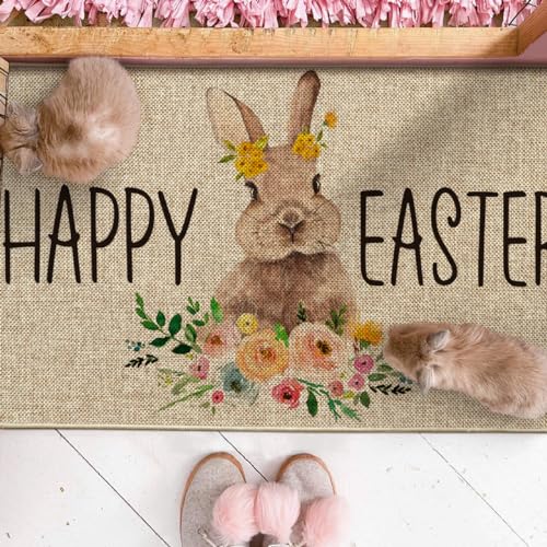 Artoid Mode Cute Rabbit Flowers Happy Easter Welcome Decorative Doormat, Seasonal Spring Low-Profile Rug Switch Mat for Indoor Outdoor 17x29 Inch