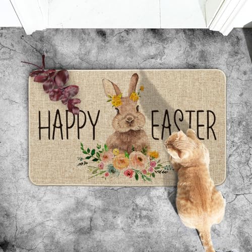 Artoid Mode Cute Rabbit Flowers Happy Easter Welcome Decorative Doormat, Seasonal Spring Low-Profile Rug Switch Mat for Indoor Outdoor 17x29 Inch