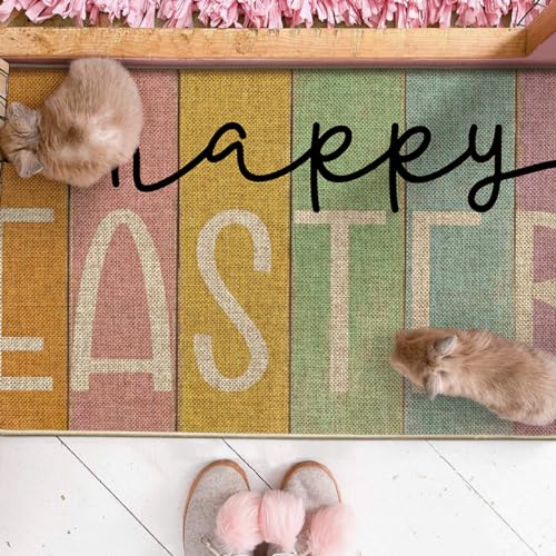 Artoid Mode Stripes Happy Easter Doormat, Spring Home Decor Low-Profile Switch Rug Door Mat Floor Mat for Indoor Outdoor 17x29 Inch