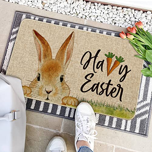 Artoid Mode Cute Rabbit Carrots Happy Easter Welcome Doormat, Seasonal Spring Low-Profile Rug Switch Mat for Indoor Outdoor 17x29 Inch