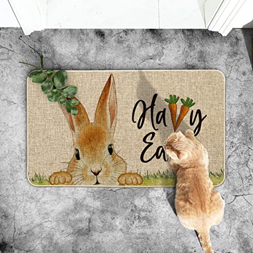 Artoid Mode Cute Rabbit Carrots Happy Easter Welcome Doormat, Seasonal Spring Low-Profile Rug Switch Mat for Indoor Outdoor 17x29 Inch