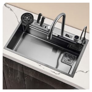 304 stainless steel kitchen sink,nano digital display waterfall sink,with flying rain pull-out faucet, pressurized cup washer,knife holder box (color : black grey, size : 80x46x23.5cm)