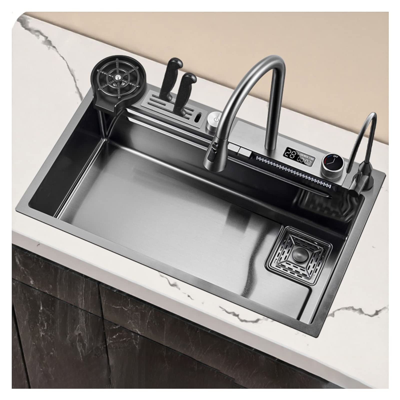 304 Stainless Steel Kitchen Sink,Nano Digital Display Waterfall Sink,with Flying Rain Pull-Out Faucet, Pressurized Cup Washer,Knife Holder Box (Color : Black Grey, Size : 80x46x23.5cm)