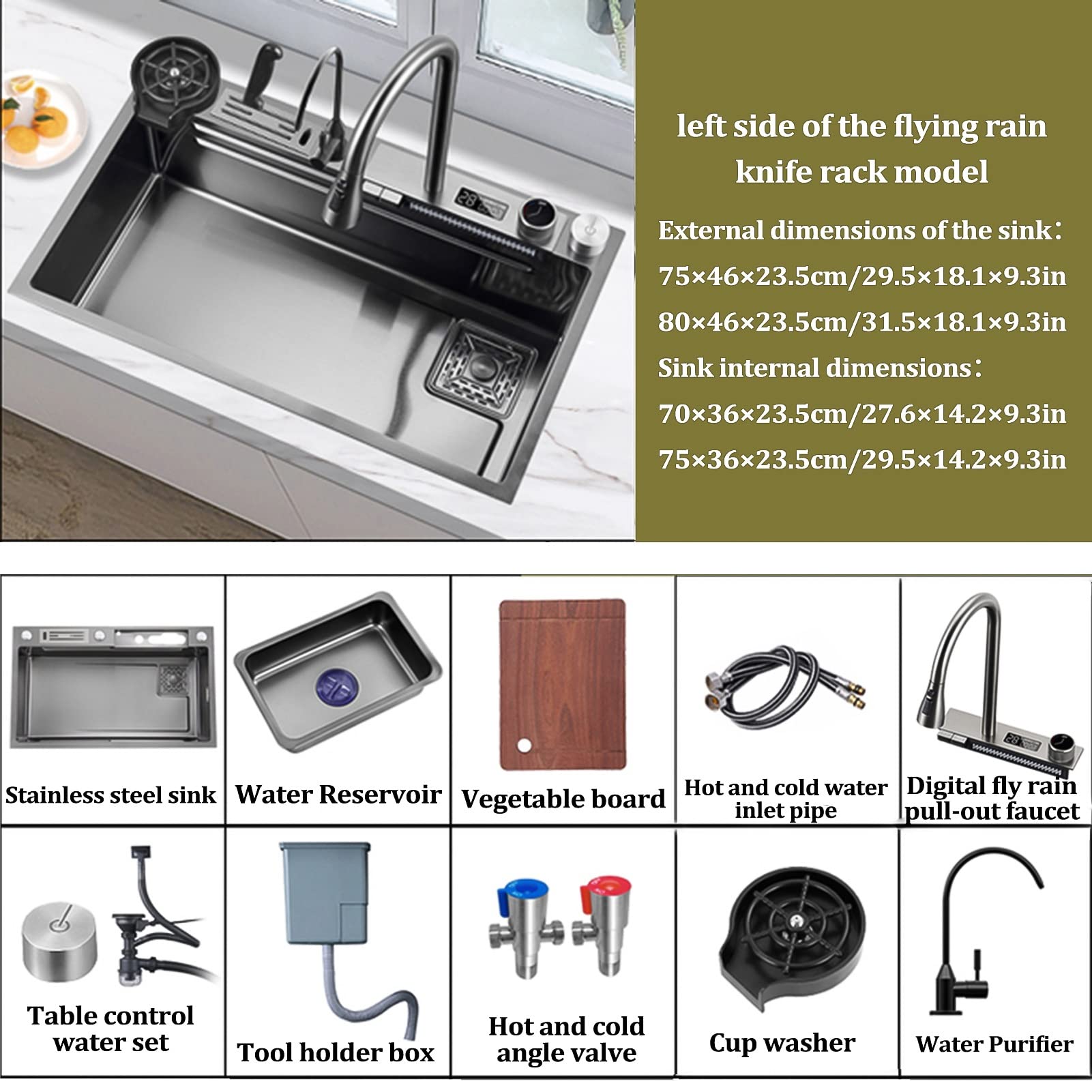 304 Stainless Steel Kitchen Sink,Nano Digital Display Waterfall Sink,with Flying Rain Pull-Out Faucet, Pressurized Cup Washer,Knife Holder Box (Color : Black Grey, Size : 80x46x23.5cm)