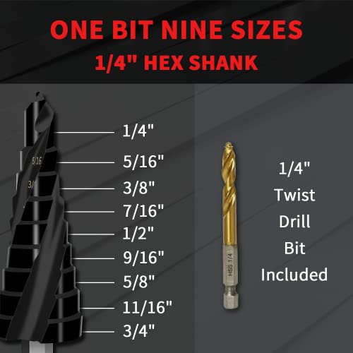 S&F STEAD & FAST Cobalt Step Drill Bit for Metal, Three Spiral Flute, 1/4"-3/4", 1 pc, Heavy Duty Unibit, 1/4" Hex Shank, HSS M35 Steel Step Bit for Sheet Metal, Stainless Steel, Aluminum