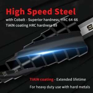 S&F STEAD & FAST Cobalt Step Drill Bit for Metal, Three Spiral Flute, 1/4"-3/4", 1 pc, Heavy Duty Unibit, 1/4" Hex Shank, HSS M35 Steel Step Bit for Sheet Metal, Stainless Steel, Aluminum
