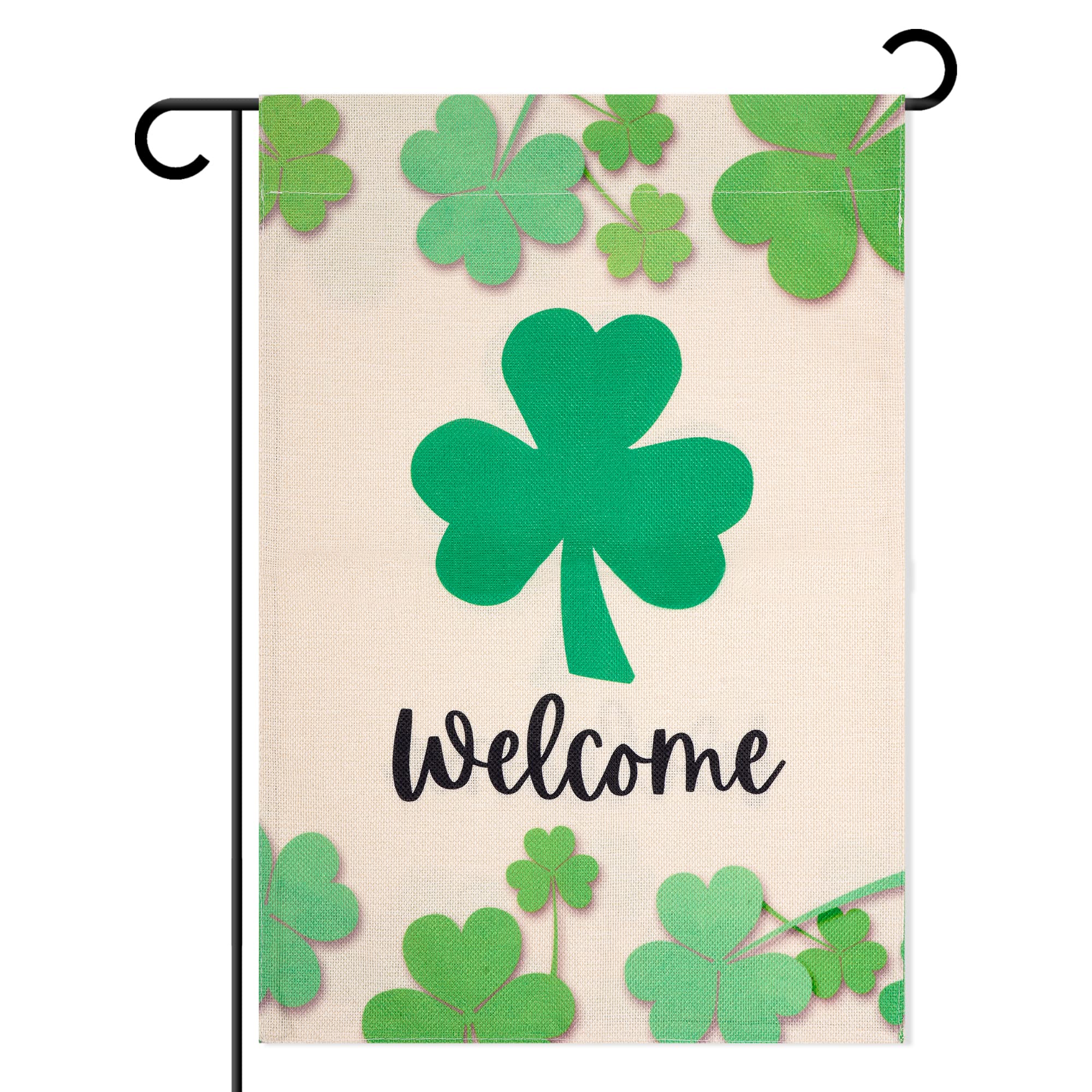 WBCBEC 1PCS St Patrick's Day Garden Flag Welcome Shamrocks Clover Vertical Shamrock Yard Outdoor Flag Irish Small Burlap House Flag for Outside Holiday Decor(12.5 x 18 Inch, Double Sided)