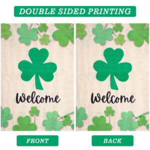 WBCBEC 1PCS St Patrick's Day Garden Flag Welcome Shamrocks Clover Vertical Shamrock Yard Outdoor Flag Irish Small Burlap House Flag for Outside Holiday Decor(12.5 x 18 Inch, Double Sided)