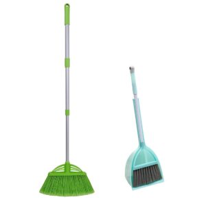 xifando mini broom and dustpan and telescopic rod long handle broom, camping cleaning tools, light blue and green