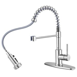 homikit kitchen sink faucet brushed nickel with pull down sprayer, stainless steel spring kitchen faucets with deck plate 1 or 3 hole, high arc commercial faucet for farmhouse laundry utility rv