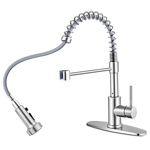 Homikit Kitchen Sink Faucet Brushed Nickel with Pull Down Sprayer, Stainless Steel Spring Kitchen Faucets with Deck Plate 1 or 3 Hole, High Arc Commercial Faucet for Farmhouse Laundry Utility Rv