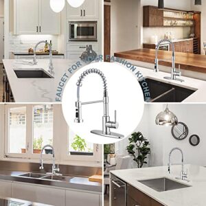 Homikit Kitchen Sink Faucet Brushed Nickel with Pull Down Sprayer, Stainless Steel Spring Kitchen Faucets with Deck Plate 1 or 3 Hole, High Arc Commercial Faucet for Farmhouse Laundry Utility Rv