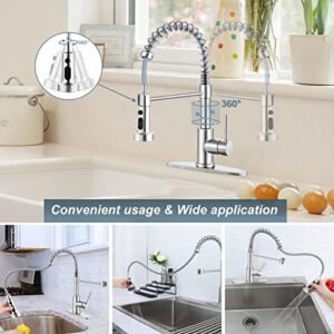 Homikit Kitchen Sink Faucet Brushed Nickel with Pull Down Sprayer, Stainless Steel Spring Kitchen Faucets with Deck Plate 1 or 3 Hole, High Arc Commercial Faucet for Farmhouse Laundry Utility Rv