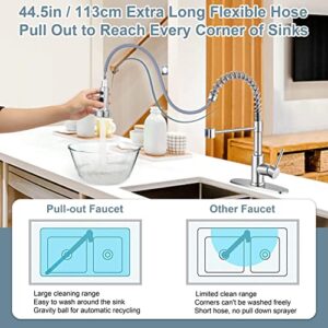 Homikit Kitchen Sink Faucet Brushed Nickel with Pull Down Sprayer, Stainless Steel Spring Kitchen Faucets with Deck Plate 1 or 3 Hole, High Arc Commercial Faucet for Farmhouse Laundry Utility Rv