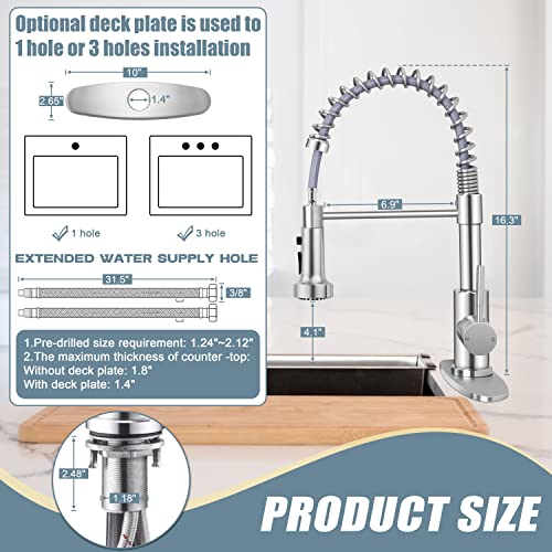 Homikit Kitchen Sink Faucet Brushed Nickel with Pull Down Sprayer, Stainless Steel Spring Kitchen Faucets with Deck Plate 1 or 3 Hole, High Arc Commercial Faucet for Farmhouse Laundry Utility Rv