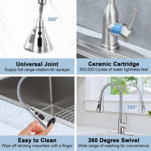 Homikit Kitchen Sink Faucet Brushed Nickel with Pull Down Sprayer, 304 Stainless Steel Kitchen Faucets with Deck Plate for 1 or 3 Hole, High Arc Commercial Faucet for Farmhouse Laundry Utility Rv Bar