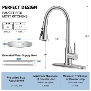 Homikit Kitchen Sink Faucet Brushed Nickel with Pull Down Sprayer, 304 Stainless Steel Kitchen Faucets with Deck Plate for 1 or 3 Hole, High Arc Commercial Faucet for Farmhouse Laundry Utility Rv Bar