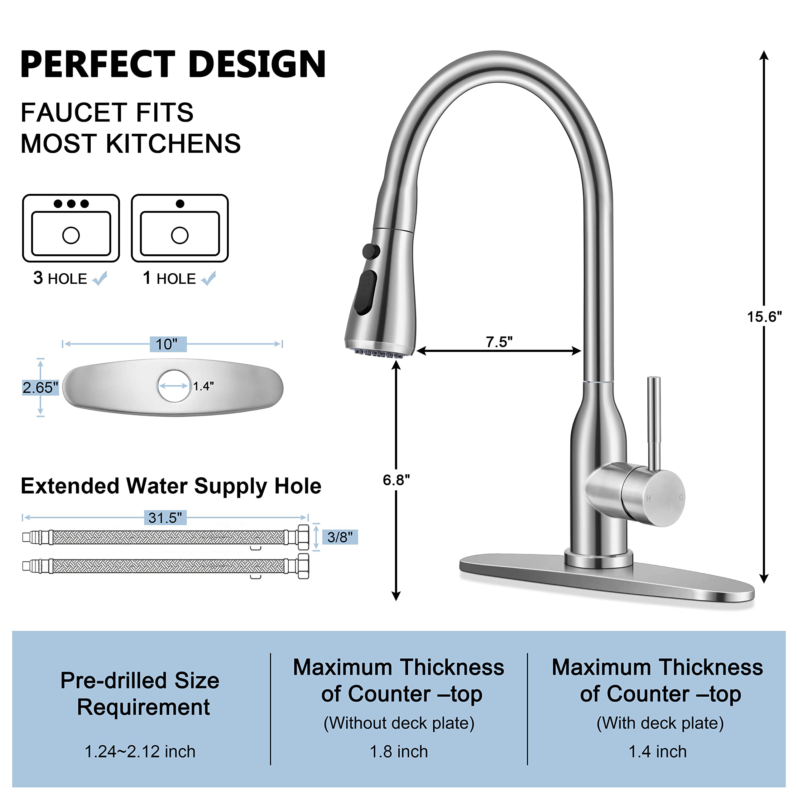 Homikit Kitchen Sink Faucet Brushed Nickel with Pull Down Sprayer, 304 Stainless Steel Kitchen Faucets with Deck Plate for 1 or 3 Hole, High Arc Commercial Faucet for Farmhouse Laundry Utility Rv Bar